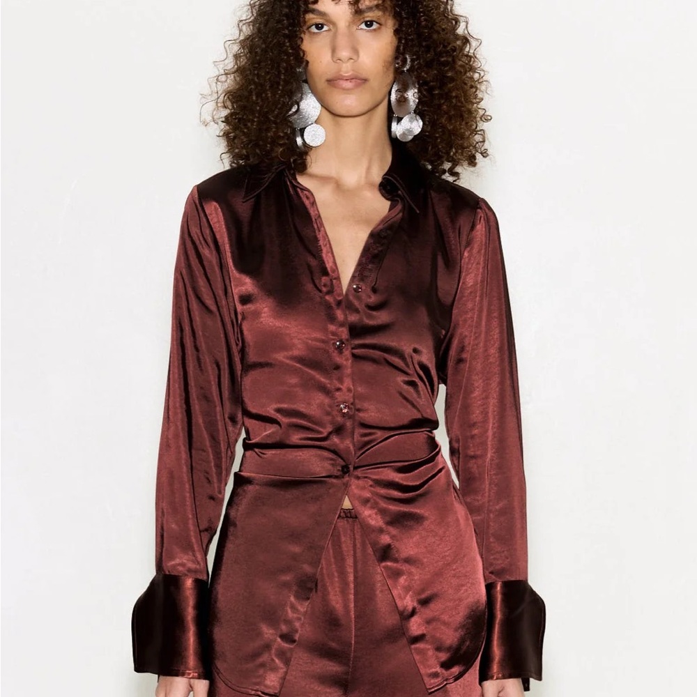 SIMON MILLER Loch Satin Button Up in Choco Brown - Picture 2 of 4